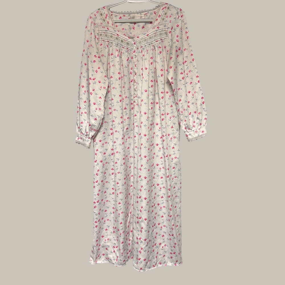 Eileen West Winter Rosette Floral Nightgown Pink White Lace Trim Long Sleeve Sm